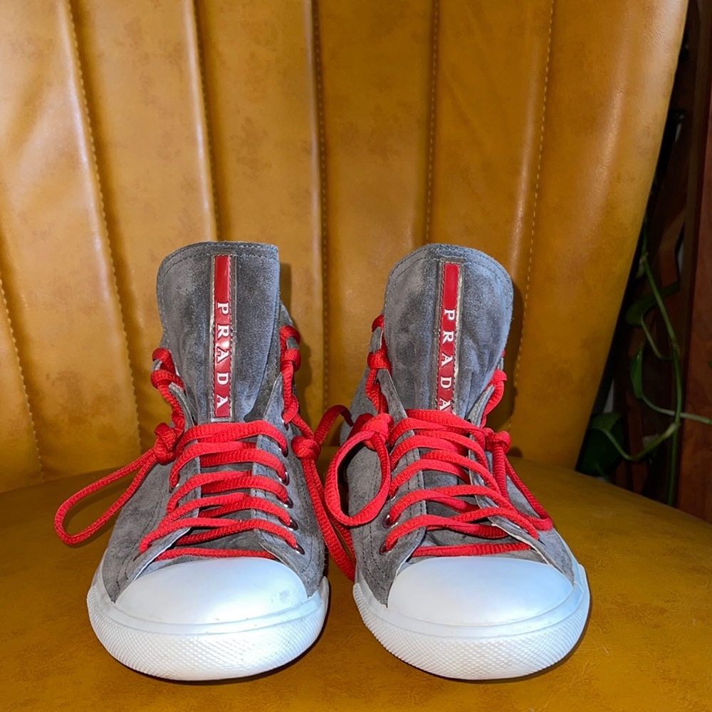 Prada, size 38 (8), grey suede red and silver accents, leather and rubber trim.